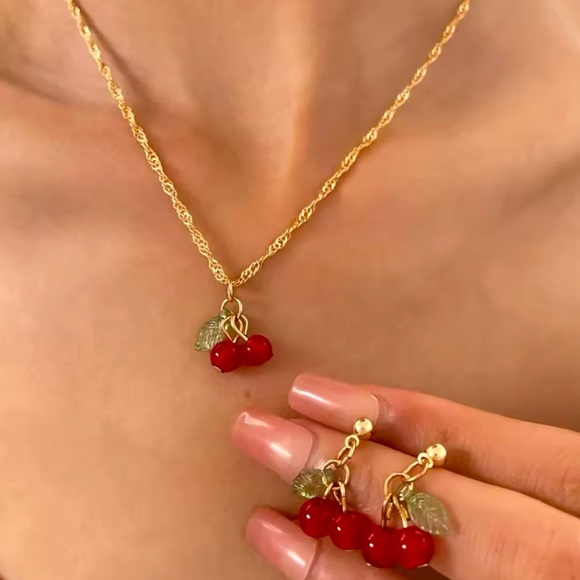 Anthropologie Petite Cherry Red Gold Necklace - Picture 2 of 14